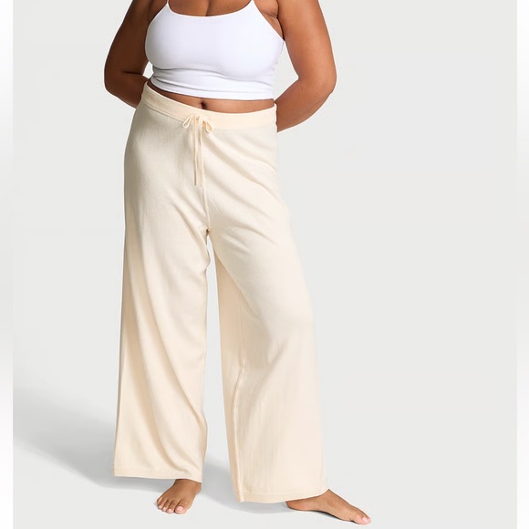 Victoria's Secret Pants - Victoria's Secret Soft Knit Oatmeal Neutral Wide-Leg High Rise Lounge Pants-M